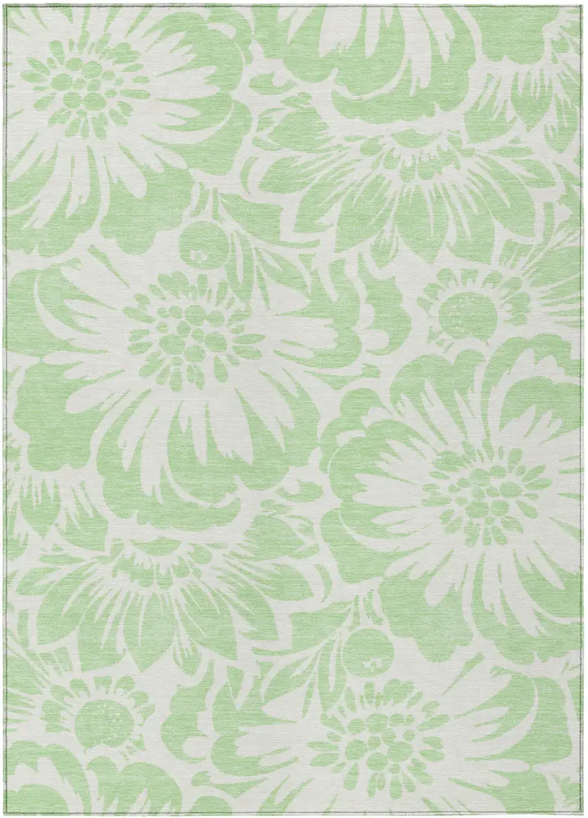 Mint Green and Ivory Floral Washable Non Skid Indoor Outdoor Area Rug Photo 2
