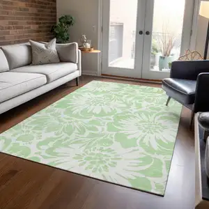 Photo of Mint Green and Ivory Floral Washable Non Skid Indoor Outdoor Area Rug