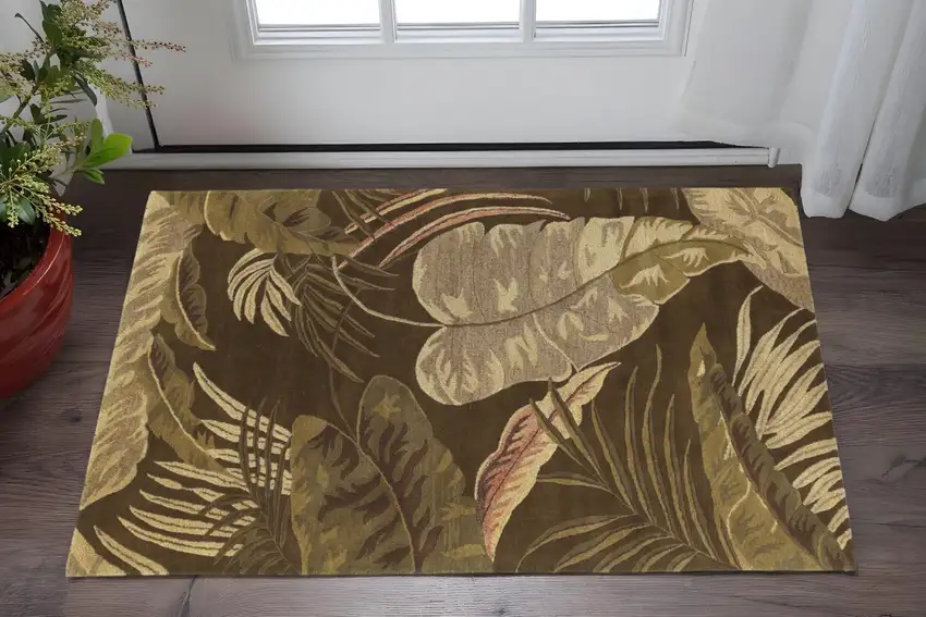 Brown And Beige Wool Botanical Leaves Hand Tufted Area Rug Photo 1