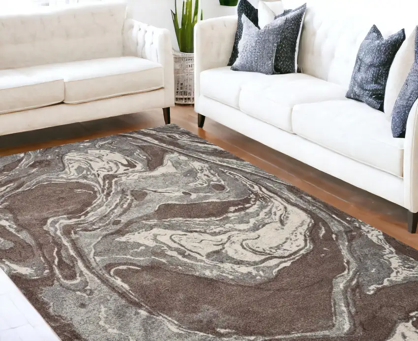 7'X10' Mocha Brown Machine Woven Abstract Watercolor Indoor Area Rug Photo 1