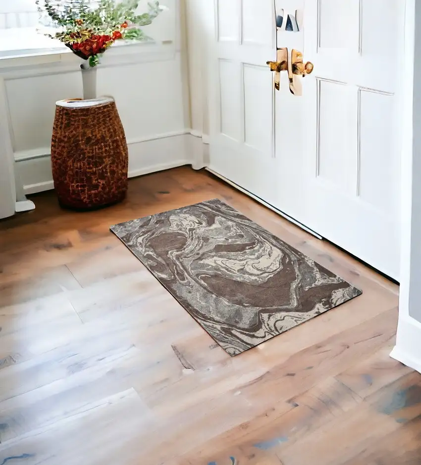 3'X5' Mocha Brown Machine Woven Abstract Watercolor Indoor Area Rug Photo 1