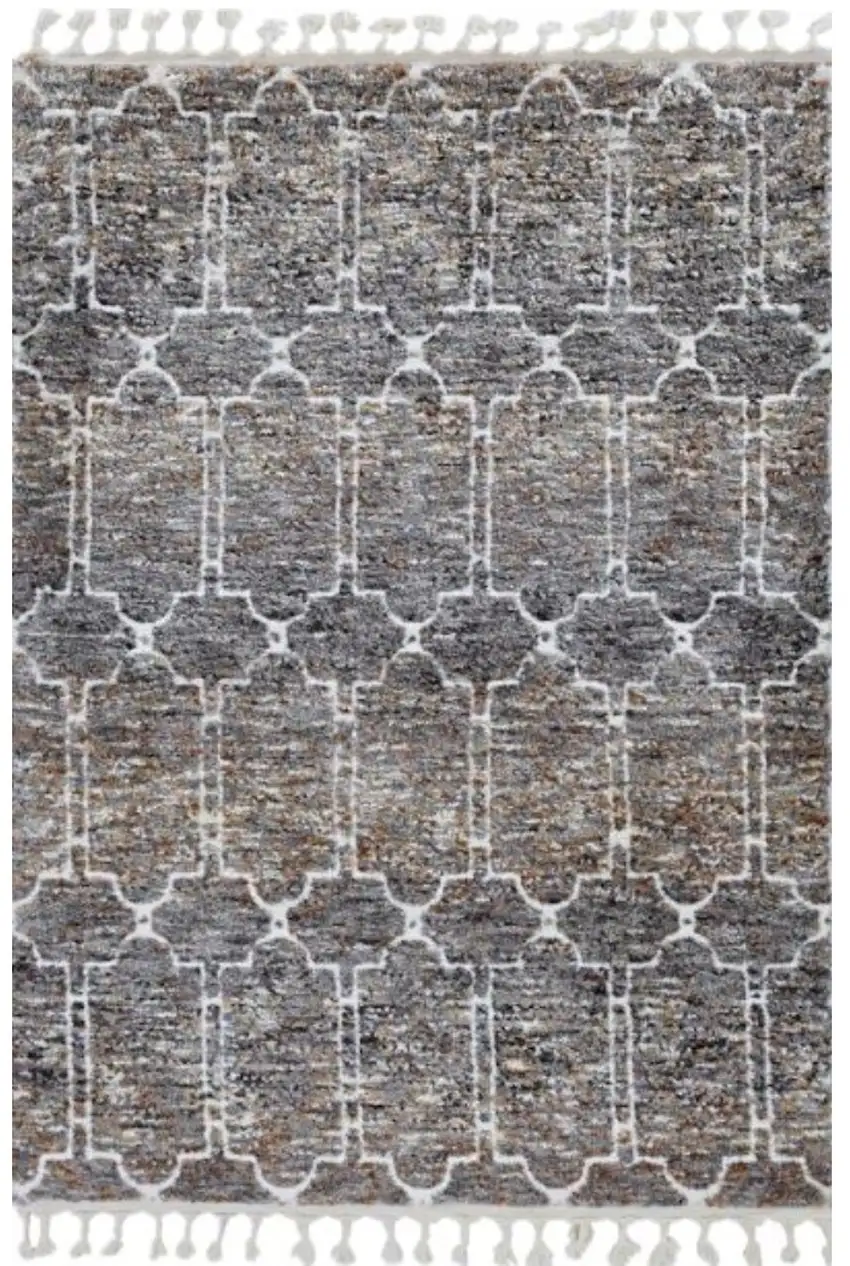 Brown White and Gray Geometric Area Rug With Fringe Photo 2