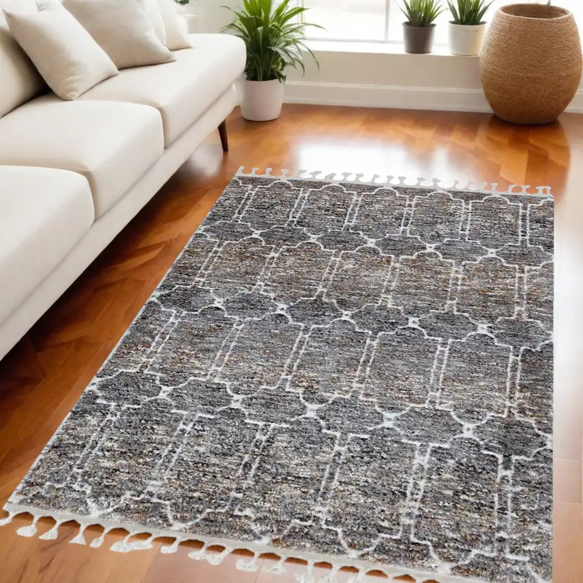 Mocha Geometric Abstract Trellis Indoor Area Rug With Fringe Photo 1