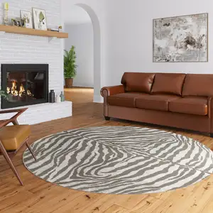 Photo of Mocha and Cream Round Zebra Print Shag Handmade Non Skid Area Rug