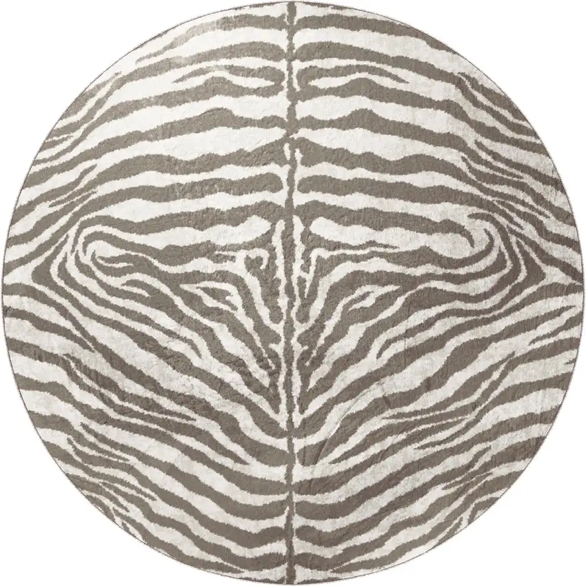 8' X 8' Mocha and Cream Round Zebra Print Shag Handmade Non Skid Area Rug Photo 5