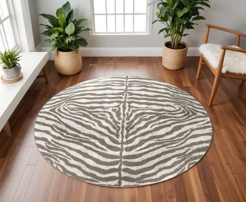 8' X 8' Mocha and Cream Round Zebra Print Shag Handmade Non Skid Area Rug Photo 1