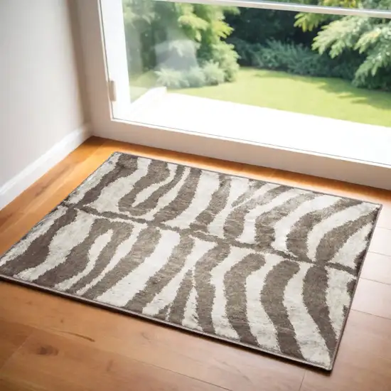 Mocha and Cream Zebra Print Shag Handmade Non Skid Area Rug Photo 1