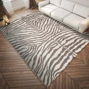 Photo of Mocha and Cream Zebra Print Shag Handmade Non Skid Area Rug