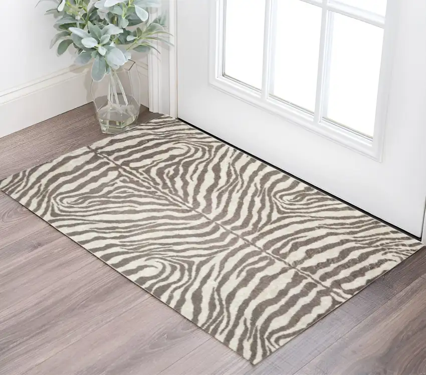 Mocha and Cream Zebra Print Shag Handmade Non Skid Area Rug Photo 1