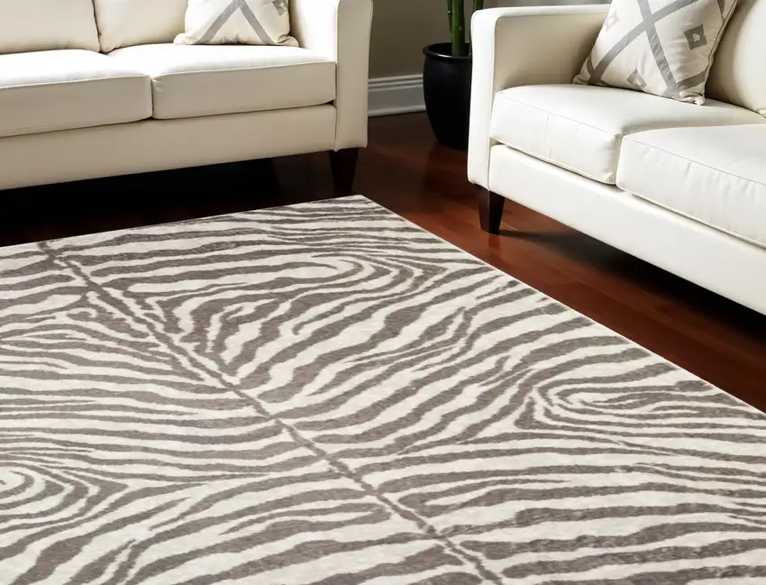 Mocha and Cream Zebra Print Shag Handmade Non Skid Area Rug Photo 1