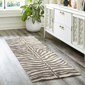 Photo of Mocha and Cream Zebra Print Shag Handmade Non Skid Runner Rug