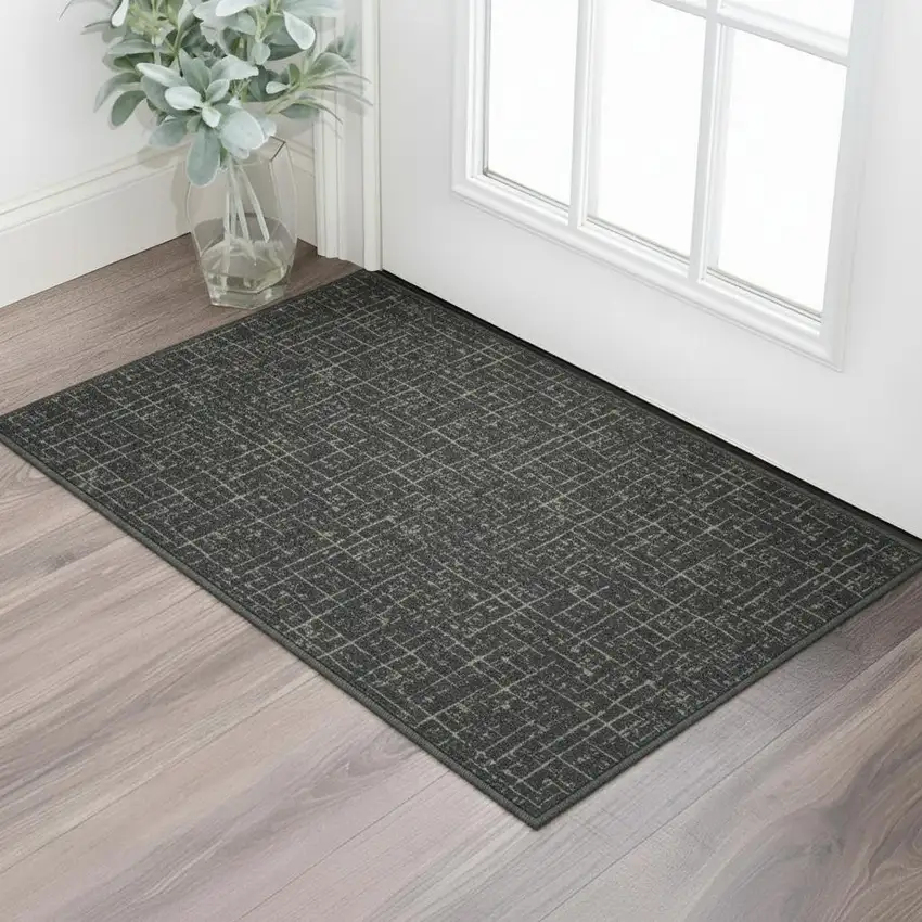 Moss Green And Charcoal Abstract Geometric Washable Area Rug Photo 1