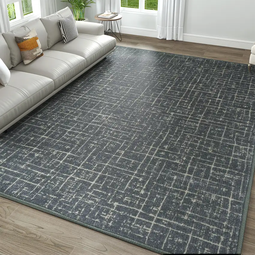 Moss Green And Charcoal Abstract Geometric Washable Area Rug Photo 4