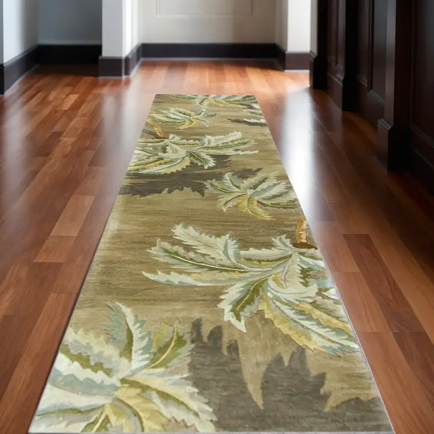 10' Moss Green And Yellow Wool Tropical Botanical Hand Tufted Runner Rug Photo 1