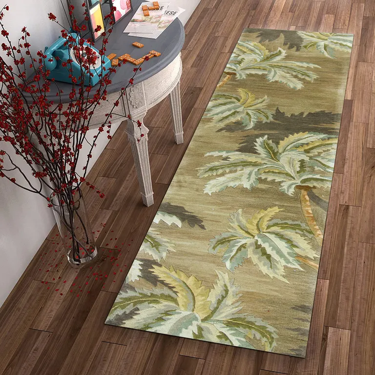 Moss Green Hand Tufted Tropical Trees Indoor Runner Rug Photo 4