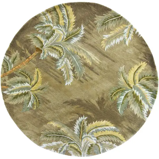 8' Moss Green And Yellow Wool Tropical Botanical Hand Tufted Round Rug Photo 2