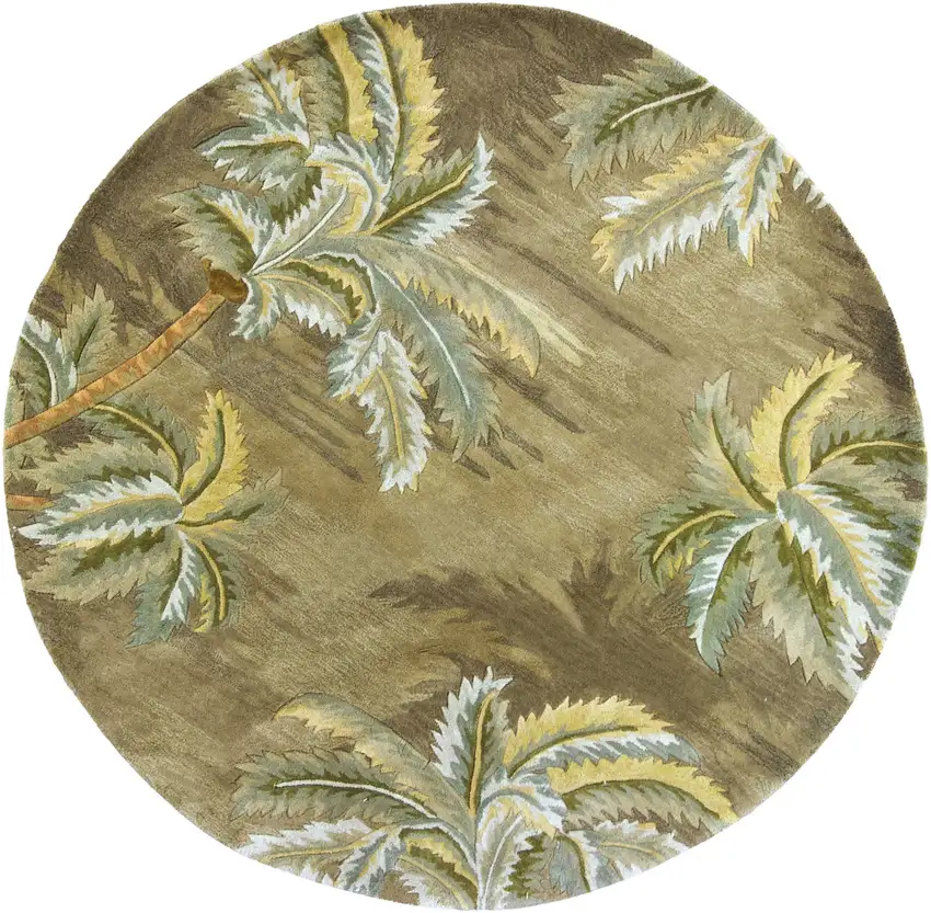 8' Moss Green And Yellow Wool Tropical Botanical Hand Tufted Round Rug Photo 2