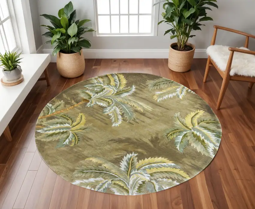 8' Moss Green And Yellow Wool Tropical Botanical Hand Tufted Round Rug Photo 1
