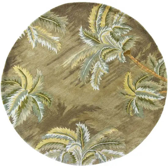8' Moss Green And Yellow Wool Tropical Botanical Hand Tufted Round Rug Photo 4