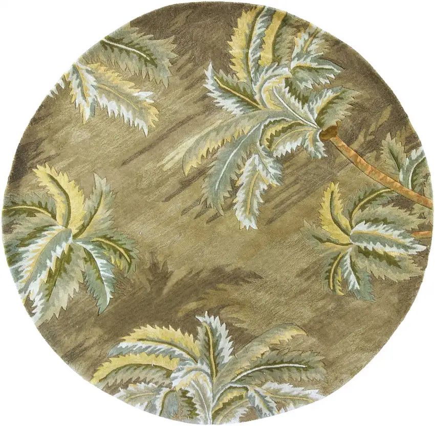8' Moss Green And Yellow Wool Tropical Botanical Hand Tufted Round Rug Photo 4