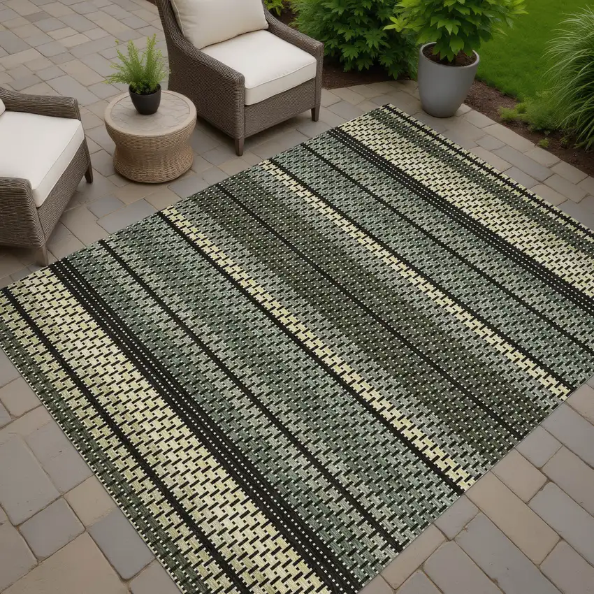 Moss Green Wheat And Black Striped Washable Indoor Outdoor Area Rug Photo 7