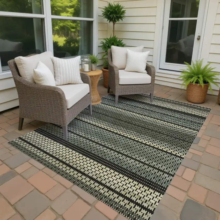 Moss Green Wheat And Black Striped Washable Indoor Outdoor Area Rug Photo 4