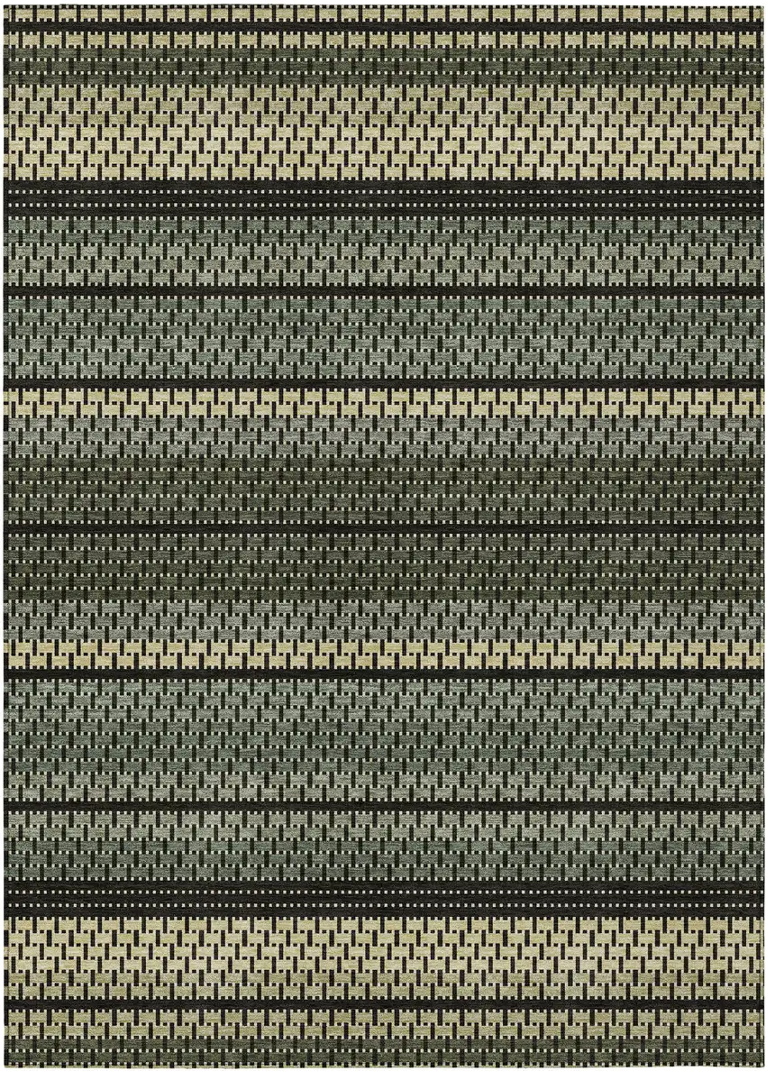 Moss Green Wheat And Black Striped Washable Indoor Outdoor Area Rug Photo 9