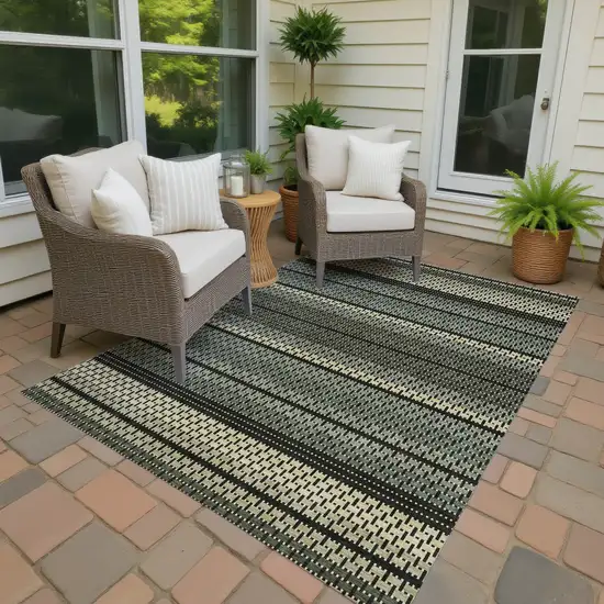 Moss Green Wheat And Black Striped Washable Indoor Outdoor Area Rug Photo 4