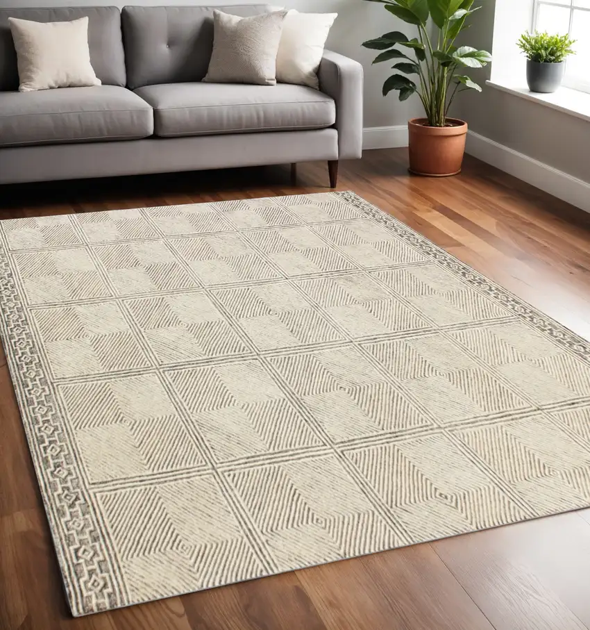 Moss Green Wool Abstract Geometric Hand Tufted Non Skid Area Rug Photo 2