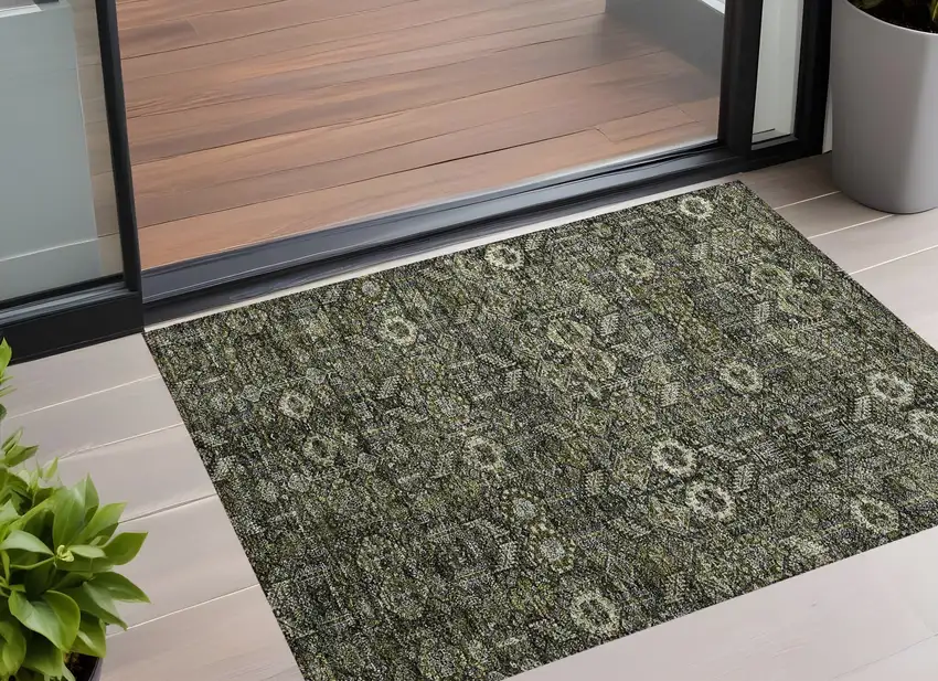 Moss Green and Gray Floral Washable Non Skid Indoor Outdoor Area Rug Photo 1