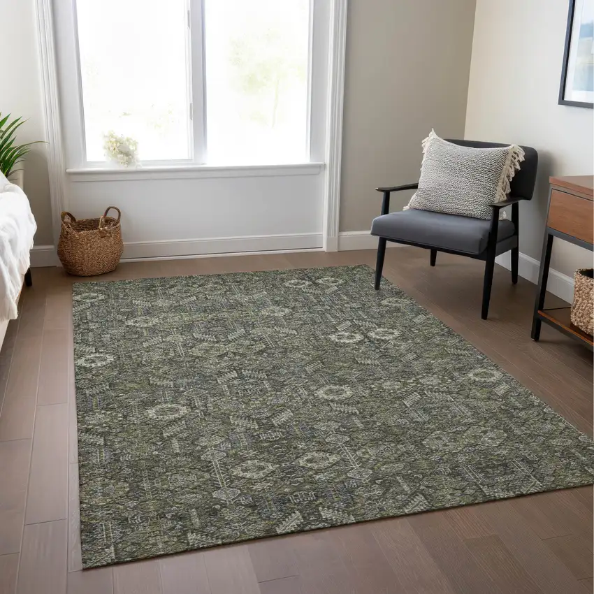 Moss Green and Gray Floral Washable Non Skid Indoor Outdoor Area Rug Photo 9