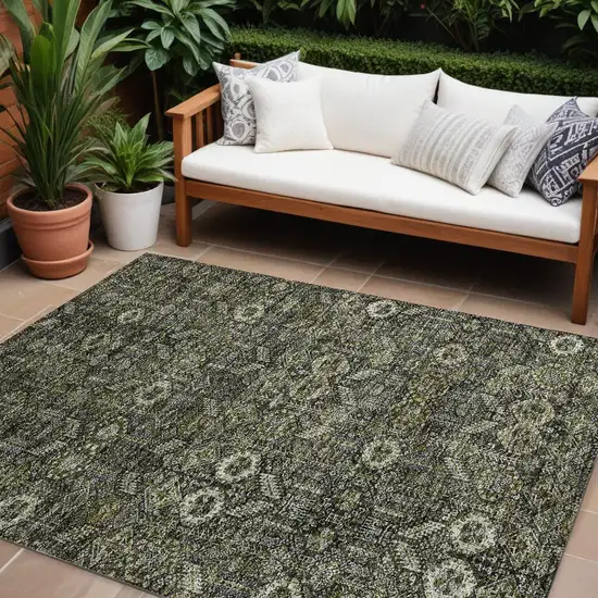 Moss Green And Gray Floral Washable Indoor Outdoor Area Rug Photo 1