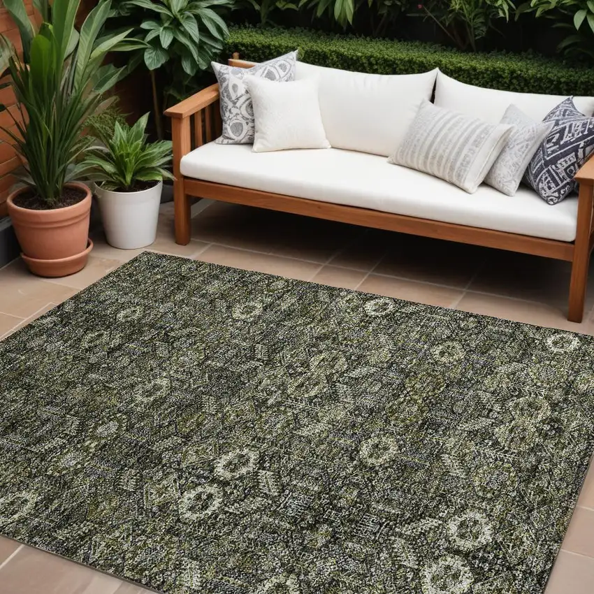 Moss Green And Gray Floral Washable Indoor Outdoor Area Rug Photo 1