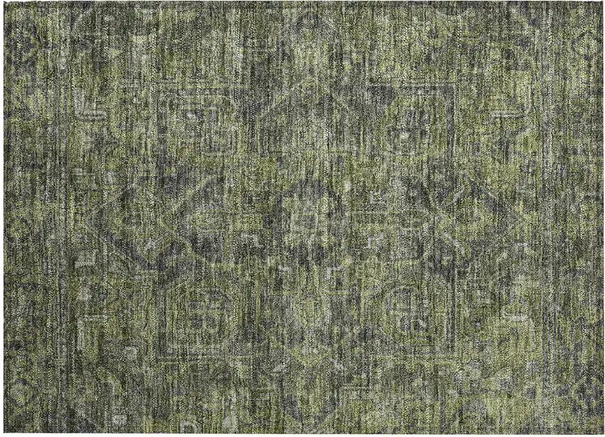 Moss Green and Gray Oriental Washable Non Skid Indoor Outdoor Area Rug Photo 2