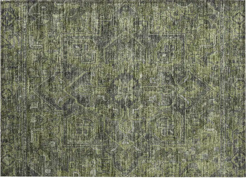 Moss Green and Gray Oriental Washable Non Skid Indoor Outdoor Area Rug Photo 2