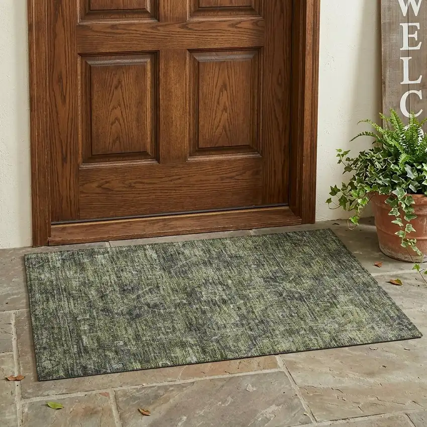 Moss Green and Gray Oriental Washable Non Skid Indoor Outdoor Area Rug Photo 1