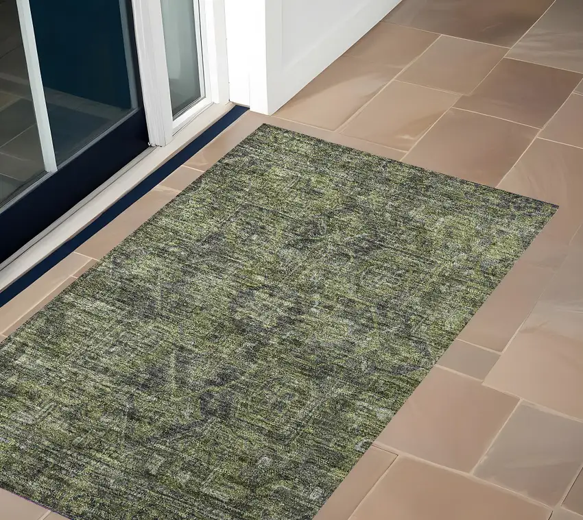 Moss Green and Gray Oriental Washable Non Skid Indoor Outdoor Area Rug Photo 1