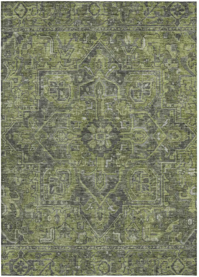 Moss Green and Gray Oriental Washable Non Skid Indoor Outdoor Area Rug Photo 2