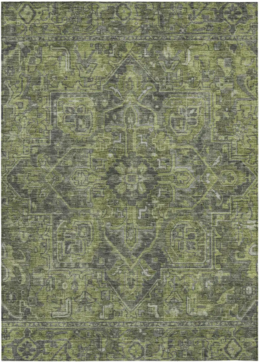 Moss Green and Gray Oriental Washable Non Skid Indoor Outdoor Area Rug Photo 2