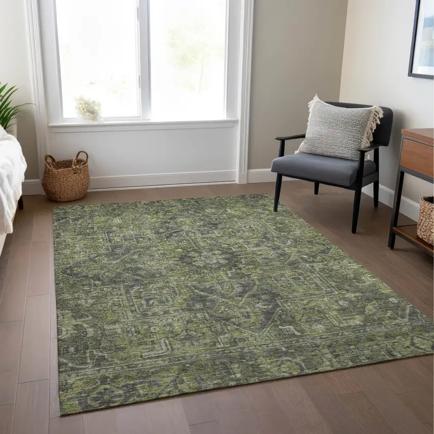 Moss Green and Gray Oriental Washable Non Skid Indoor Outdoor Area Rug Photo 9