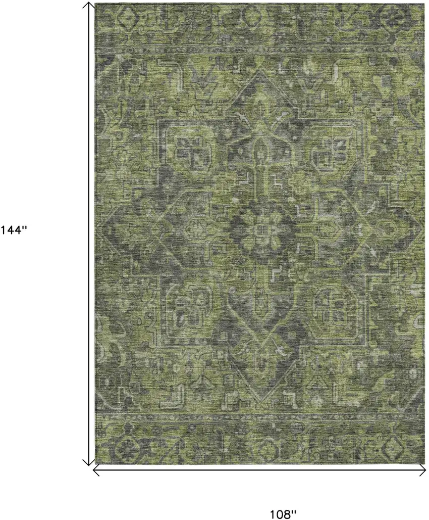 Moss Green and Gray Oriental Washable Non Skid Indoor Outdoor Area Rug Photo 7