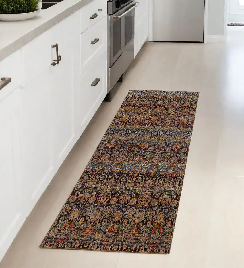 Blue and Ivory Abstract Power Loom Runner Rug Photo 1