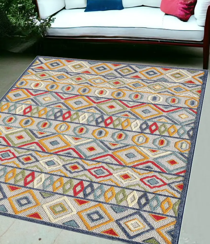 Ivory And Blue Southwestern Stain Resistant Indoor Outdoor Area Rug Photo 1