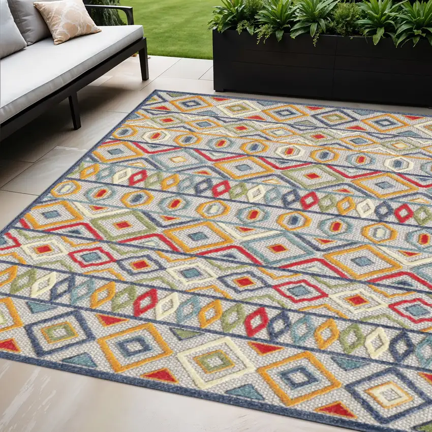 Ivory And Blue Southwestern Stain Resistant Indoor Outdoor Area Rug Photo 2