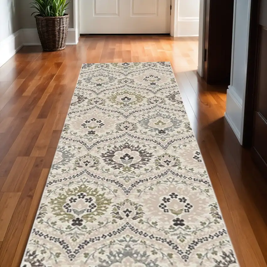 11' Black Ivory And Gray Floral Runner Rug Photo 1