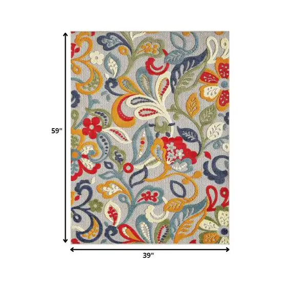 Ivory And Blue Floral Stain Resistant Indoor Outdoor Area Rug Photo 6