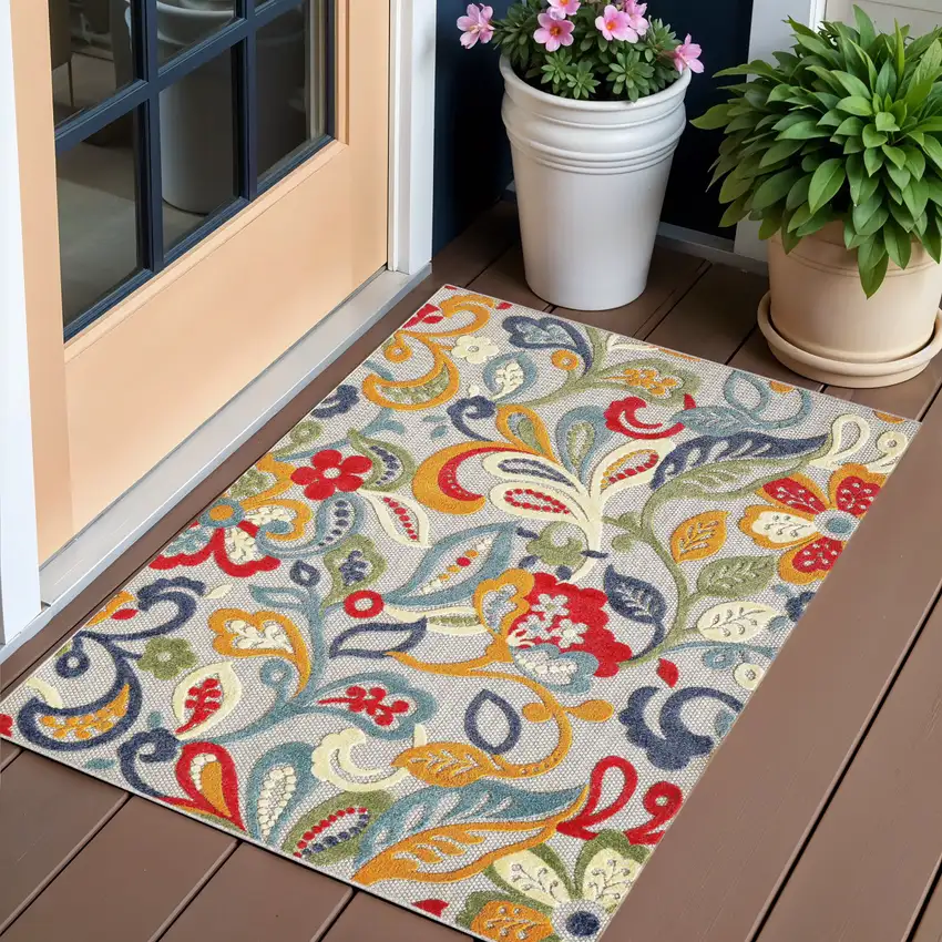 Ivory And Blue Floral Stain Resistant Indoor Outdoor Area Rug Photo 1