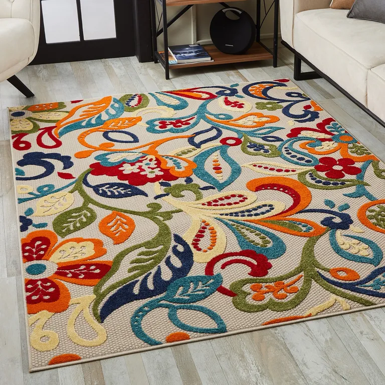 Multi Jacobean Floral Indoor Outdoor Area Rug Photo 5
