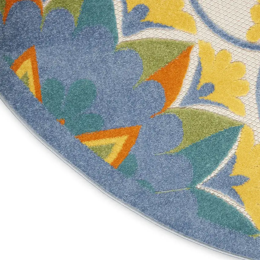 4' Ivory And Blue Round Floral Indoor Outdoor Area Rug Photo 9
