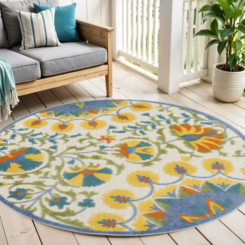 4' Ivory And Blue Round Floral Indoor Outdoor Area Rug Photo 2